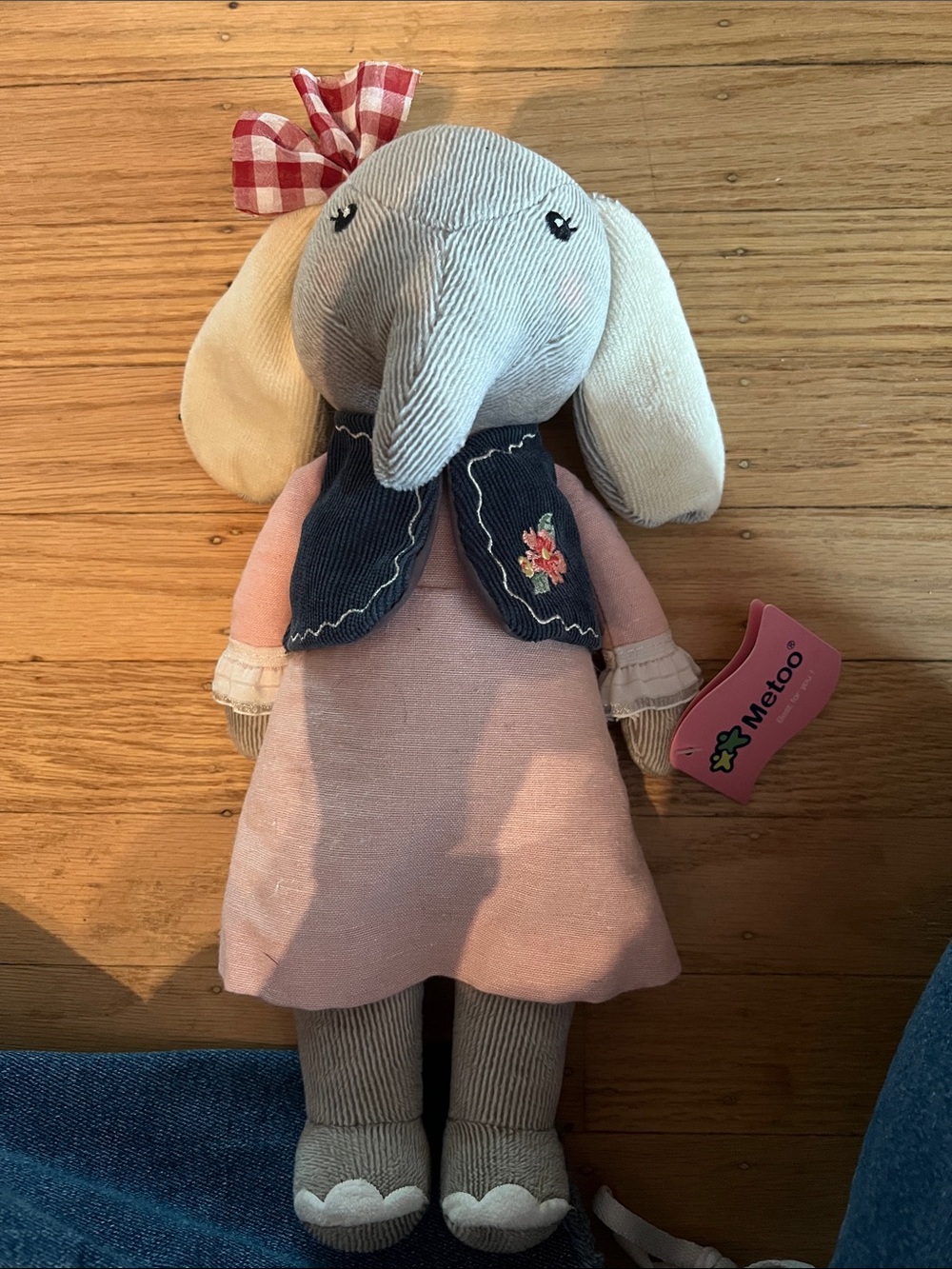 me too Pink Elephant Doll with Navy Floral Vest and Cream Ears